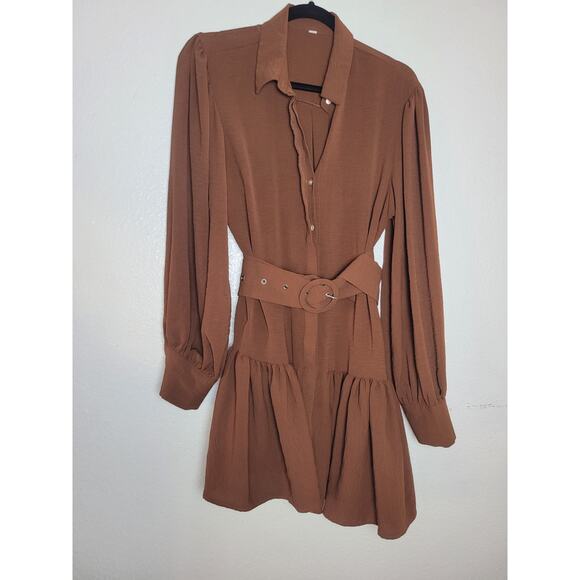 Women's Dresses Hidden Button Ruffle Hem Bishop Sleeve Belted size M - Picture 3 of 3